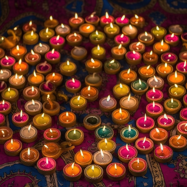 Een prachtig uitzicht op verschillende gekleurde dal-verlichtingsontwerpen met kaarsen voor Diwali