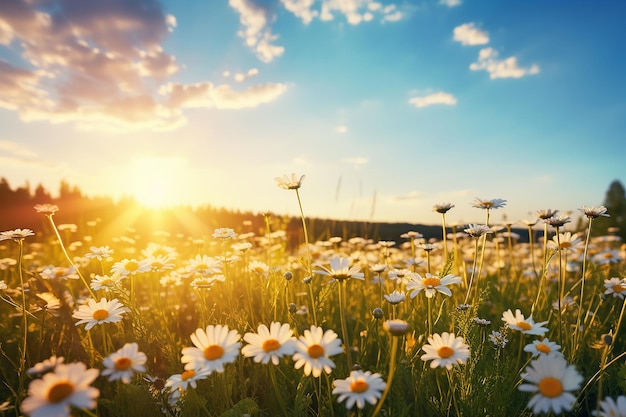 Een prachtig veld met madeliefjes bij zonsopgang