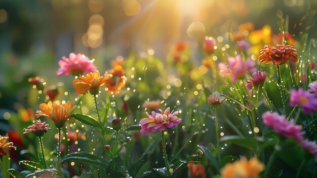 Een prachtig veld van bloeiende bloemen de bloemblaadjes glinsteren in het zonlicht de kleuren zijn levendig en verzadigd