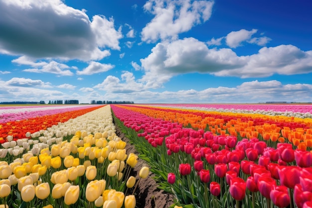 Een prachtig veld versierd met een oproer van kleurrijke tulpen onder een levendige blauwe hemel Heldergekleurde tulpenvelden in Nederland in het voorjaar