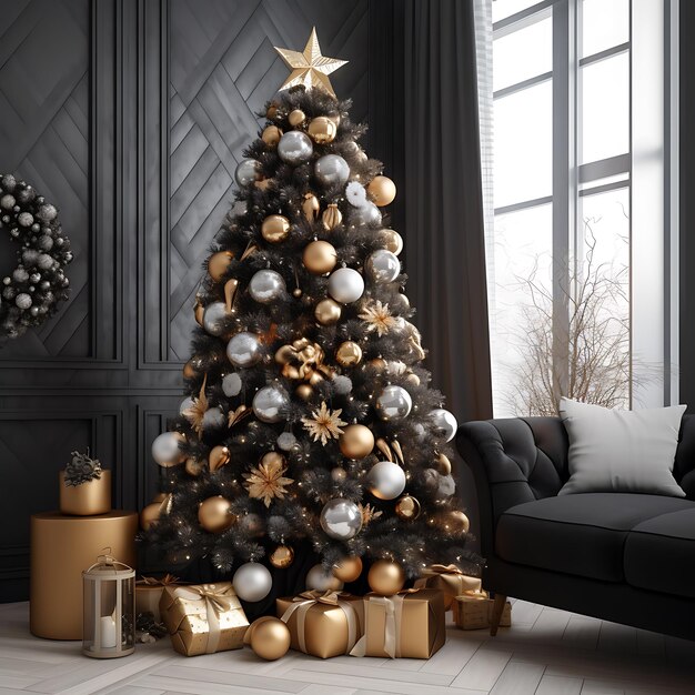 Een prachtig versierde kerstboom in een moderne woonkamer, de bollen van de boom zijn zwart goud