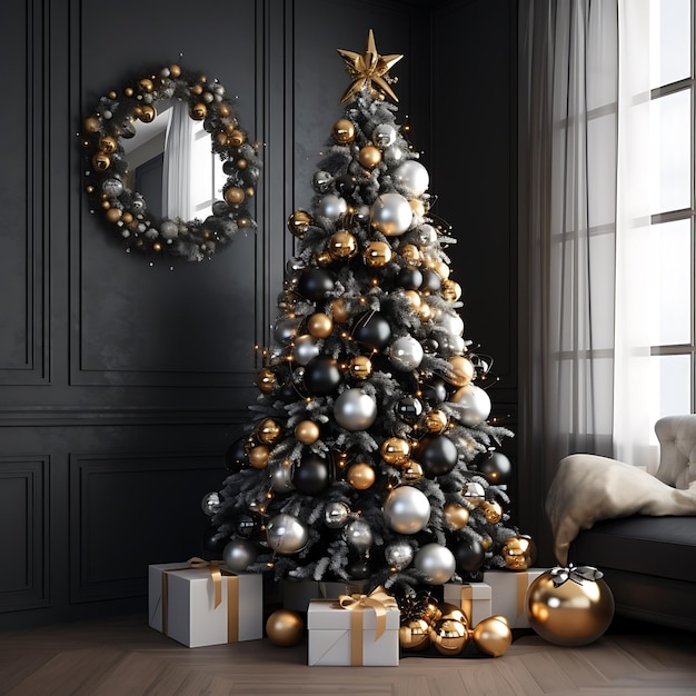 Een prachtig versierde kerstboom in een moderne woonkamer, de bollen van de boom zijn zwart goud