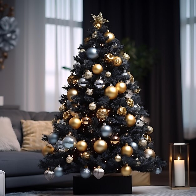 Een prachtig versierde kerstboom in een moderne woonkamer, de bollen van de boom zijn zwart goud