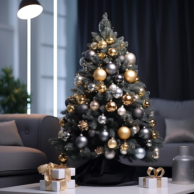 Een prachtig versierde kerstboom in een moderne woonkamer, de bollen van de boom zijn zwart goud