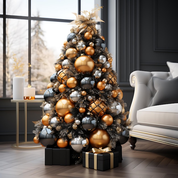 Een prachtig versierde kerstboom in een moderne woonkamer, de bollen van de boom zijn zwart goud