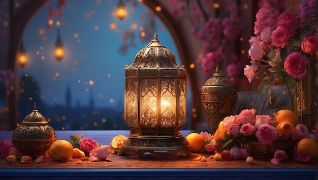 Een prachtig weergegeven en zeer gedetailleerde afbeelding van een Ramadan Kareem Eid Mubarak scène