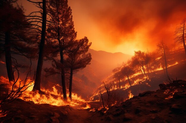 Een prachtig wild bos op een berg dat in brand is met veel rook.