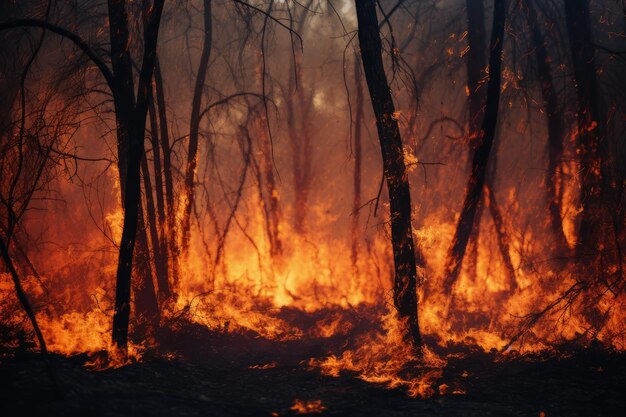 Een prachtig wild bos op een berg dat in brand is met veel rook.