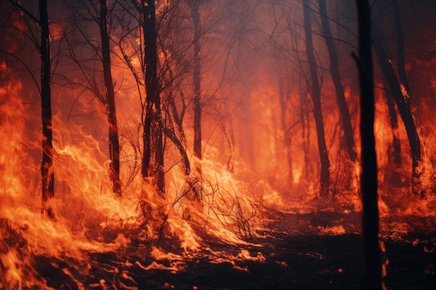 Een prachtig wild bos op een berg dat in brand is met veel rook.