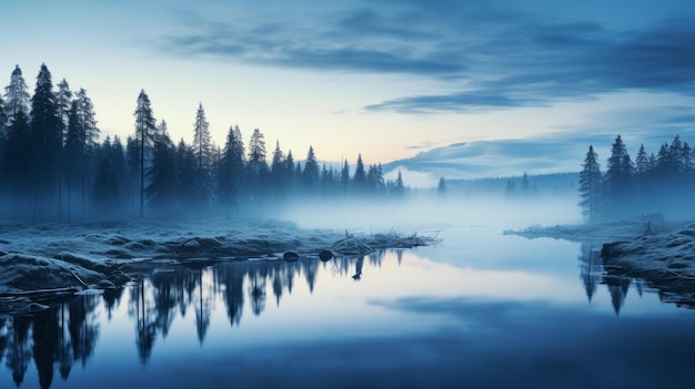 een prachtig wintermeer vastgelegd in de stijl van mikko lagerstedt. deze uhd-afbeelding toont de grandioze omgeving met zijn mistige sfeer en geromantiseerde afbeeldingen van de wildernis. de sfeer