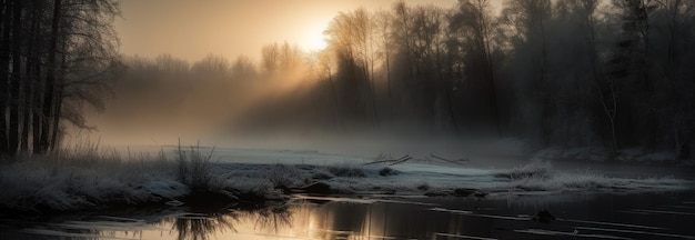 Een prachtig winters tafereel met afdrijvende sneeuwvlokken Horizontale banner AI gegenereerd