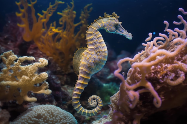 Een prachtig zeepaardje naast uitgebreide kleurrijke hermatypische mariene koralen onder de zee