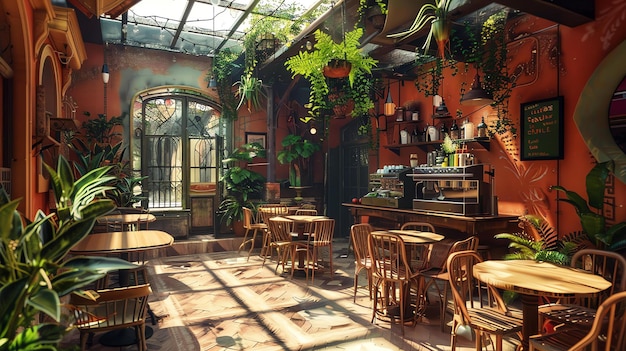 Een prachtig zonnig café met weelderige planten en een warme sfeer Perfect voor een ontspannende kop koffie of een lichte lunch