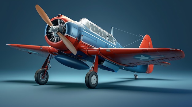 Foto een prachtige 3d-illustratie van een vintage vliegtuig met een rode carrosserie en blauwe vleugels het vliegtuig heeft één propeller en zit op een landingsbaan