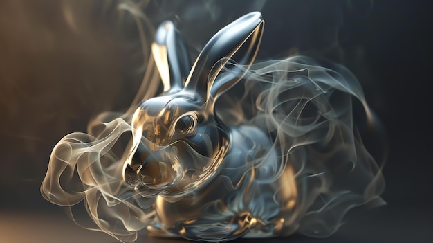 Foto een prachtige 3d-weergave van een zilveren konijn het konijn zit op een donker oppervlak en is omringd door een zacht wit licht