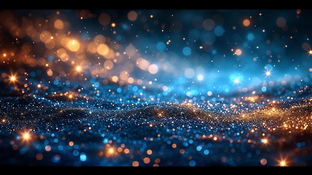 Een prachtige abstracte achtergrond die tinten van diepblauw en glinsterend goud vermengt die de essentie van Nieuwjaarsavond vasthoudt, bezaaid met glinsterende bokeh-effecten die een feestelijke AI suggereren.