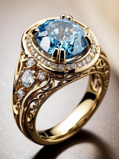 Een prachtige blauwe diamanten ring in een betoverende gouden kleur.