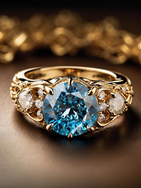 Een prachtige blauwe diamanten ring in een betoverende gouden kleur.