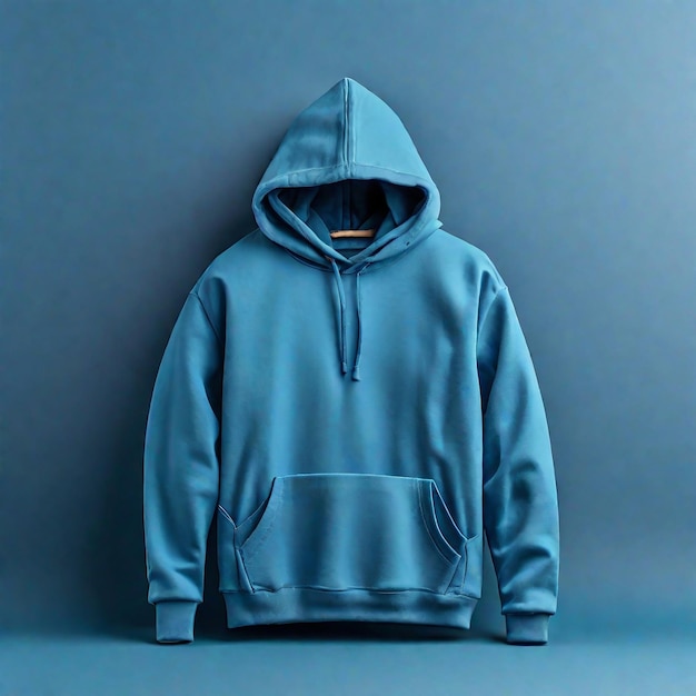 Een prachtige blauwe hoodie mock-up sweatshirt met zak geïsoleerd op kleur achtergrond