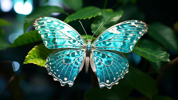 Een prachtige blauwe vlinder die op een blad zit