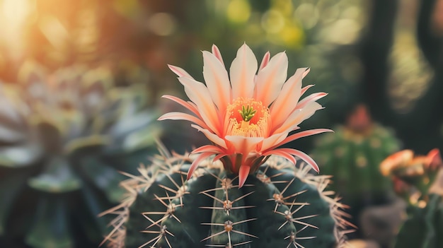 Een prachtige bloem van een cactusplant met een kleurgradiënt van oranje tot geel en een heldergeel midden