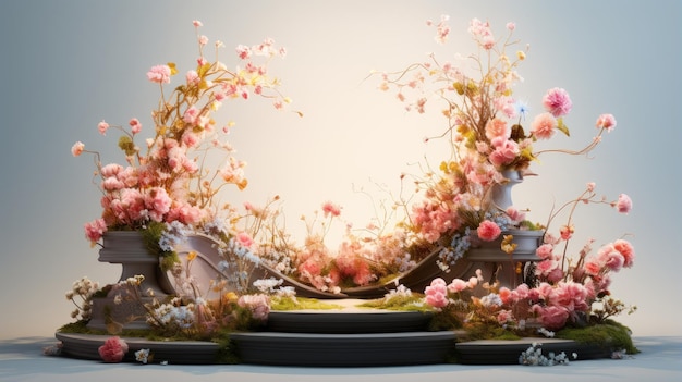Een prachtige bloemenboog met een stenen loopbrug die ertoe leidt de boog is gemaakt van roze en witte bloemen met groen aan beide zijden