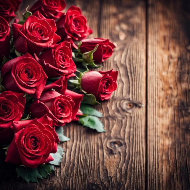 Foto een prachtige bos rode rozen op een houten achtergrond