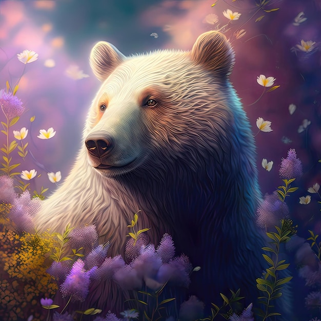 Een prachtige bruine beer staat te midden van een groen lentebos, zijn dikke vacht glinstert in de zon De beer lijkt op zijn gemak te zijn in zijn omgeving AI