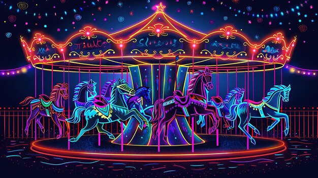 Een prachtige carousel met heldere neonlichten De carousel is versierd met paarden en andere dieren