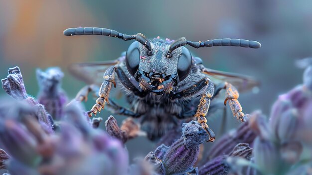 Een prachtige close-up foto van een bij op een lavendelbloem De bij is bedekt met stuifmeel en zijn proboscis is uitgestrekt