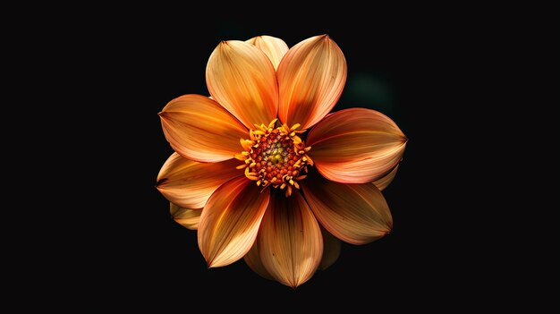 Een prachtige close-up van een dahlia bloeiende bloem tegen een zwarte achtergrond De bloemblaadjes zijn een diepe oranje kleur met een geel midden