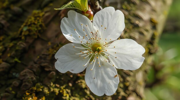 Een prachtige close-up van een enkele witte kersenbloesem in volle bloei tegen een wazige achtergrond van groene bladeren