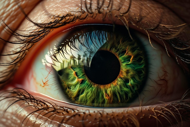 Een prachtige close-up van een menselijk groen oog, vastgelegd met generatieve ai met extreme zoom