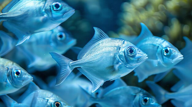 Foto een prachtige close-up van een school vissen die in de oceaan zwemmen. de vissen zijn blauw en zilver en hebben grote ogen.