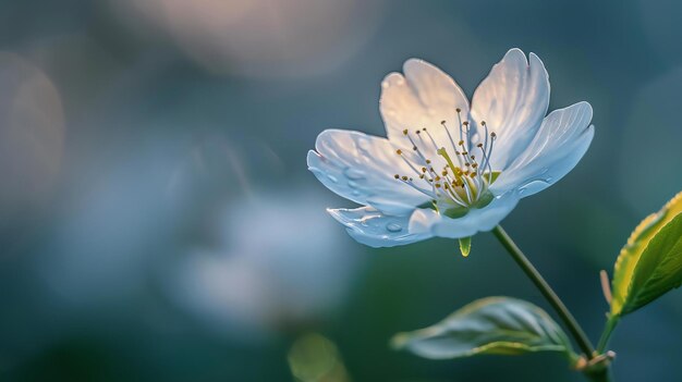 Foto een prachtige close-up van een witte bloem met waterdruppels op de bloemblaadjes de bloem staat tegen een zachte achtergrond