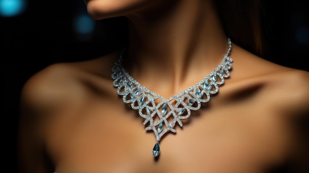 Een prachtige diamanten halsketting om de hals van een vrouw