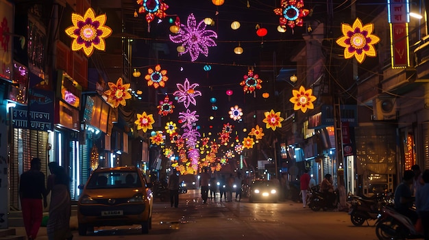 Een prachtige Diwali nacht in India De straat is versierd met kleurrijke lichten en mensen lopen rond en genieten van het festival