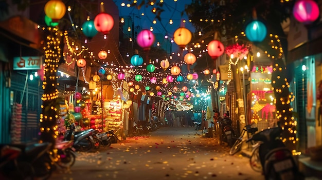 Een prachtige Diwali straat decoratie met kleurrijke lichten en lantaarns de straat is bekleed met winkels en de lichten worden weerspiegeld in de ramen