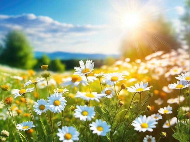 Foto een prachtige, door de zon gedrenkte lente-zomer weide. natuurlijk kleurrijk panoramisch landschap met veel wilde bloemen van madeliefjes tegen een blauwe hemel