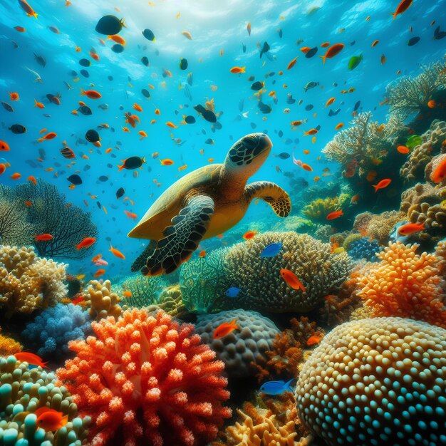 Foto een prachtige en heldere onderwaterwereld met kleurrijke koralen en vissen en een schildpad.