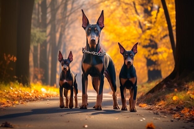 Een prachtige familie Doberman-honden op een prachtige natuurlijke achtergrond AI gegenereerd