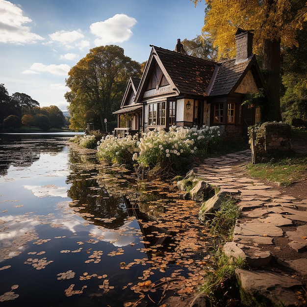 Een prachtige foto van een klein huisje bij het meer