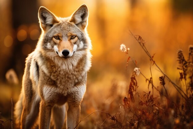 Een prachtige foto van een wilde coyote in de natuur bij zonsondergang die Ai heeft gemaakt.
