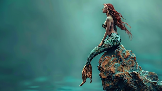 Foto een prachtige fotorealistische zeemeermin met lang stromend rood haar en een glinsterende groene staart zit op een rots in de oceaan