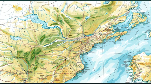 Foto een prachtige gedetailleerde kaart van noord-amerika de kaart toont een kleurrijke reliëf achtergrond met rivieren meren en steden duidelijk gemarkeerd