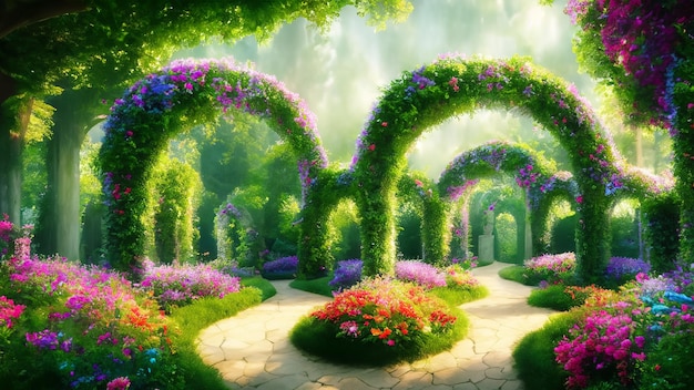 Een prachtige geheime sprookjestuin met bloemenboogen en kleurrijk groen.
