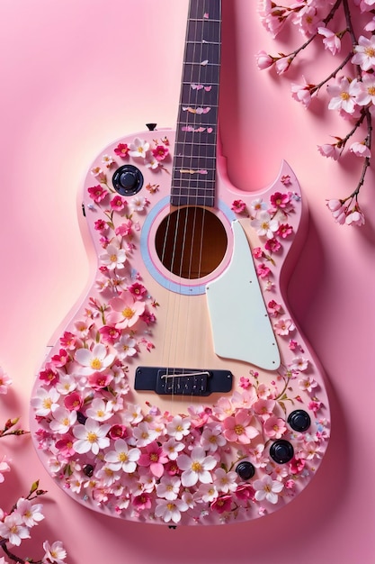 Foto een prachtige gitaar versierd met bloemen sakura in deze prachtige perfect voor muziek of bloemen gerelateerde