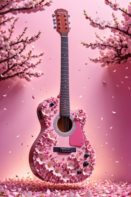 Een prachtige gitaar versierd met bloemen sakura in deze prachtige perfect voor muziek of bloemen gerelateerde