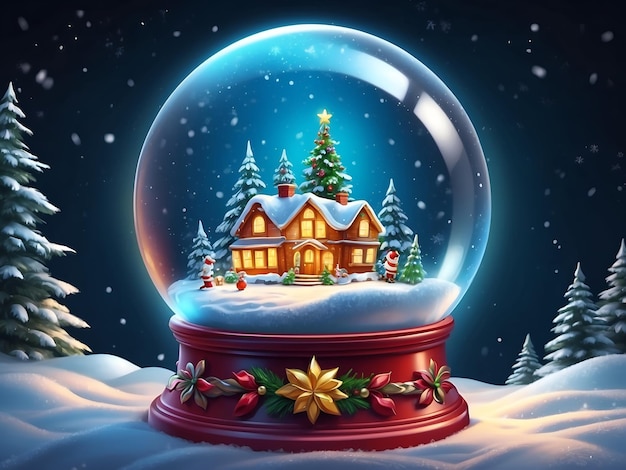 Een prachtige gloeiende sneeuwbol met een winter sneeuwhuis en versierde kerstbomen