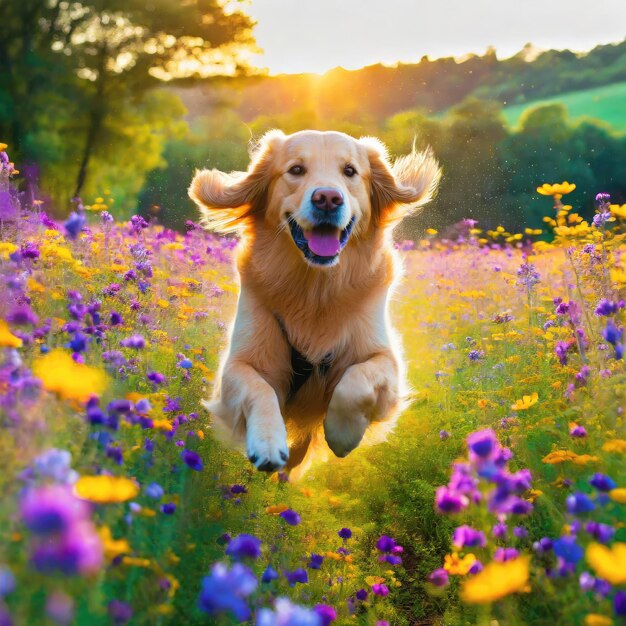 Een prachtige golden retriever die door een heldere bloemenweide rent